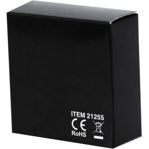 A black packaging box with a logo and standard product information printed on the side.