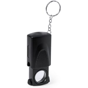 A black 20X magnifier keyring with a keychain attachment, featuring a lens for magnification.