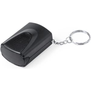 A black keyring magnifier with a chain attachment, designed for portable use.