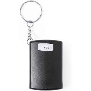 A black keyring magnifier with a silver keychain, featuring a compact rectangular design for magnification.