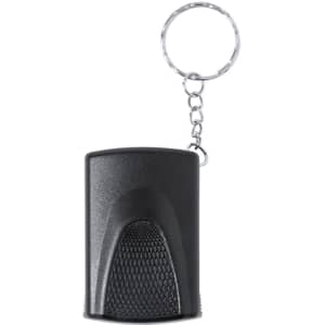 A black 20X magnifier keyring with a metal chain for attachment. The design features a textured surface.