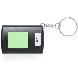 A black keyring magnifier with a circular keychain and a green viewing area, featuring a 20X magnification label.