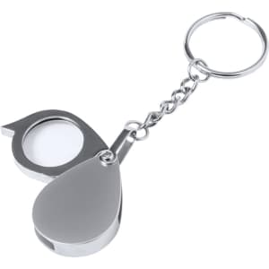 A silver magnifier keyring with a sleek, teardrop design, featuring a lens and chain attachment.