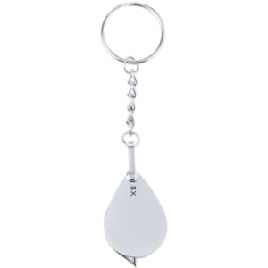 A silver keyring with an integrated 8X magnifier, featuring a keychain loop and a sleek design.