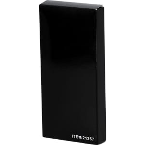 A sleek black box featuring a glossy finish, designed for packaging a product. Includes a branding logo.