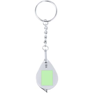 A silver keyring magnifier with an oval design and an eight times magnification feature.
