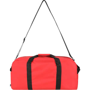A red tote bag with black straps and a shoulder strap, featuring a logo on the side.