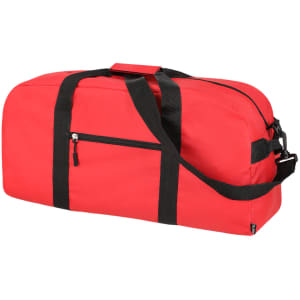 A red tote bag with black straps and a zippered pocket on the side. It features a logo.