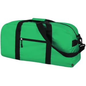 A green tote bag with black straps and a zippered front pocket, featuring a branding logo.