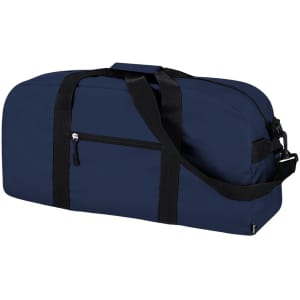 A navy blue tote bag with black straps and a front zip pocket, featuring a logo.