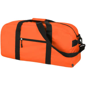 An orange tote bag with black straps and a zippered pocket, featuring a logo.