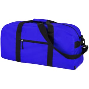 A vibrant blue tote bag with black straps and a zippered pocket. It features a logo on the side.