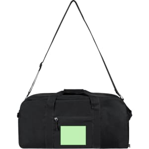 A black tote bag with a green label area, featuring dual handles and a detachable shoulder strap.