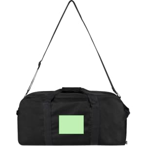 A black tote bag featuring a green rectangular area and a shoulder strap, showcasing a sleek and practical design.