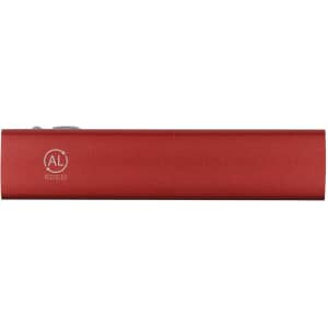 A red power bank with a metallic finish and a logo, designed for charging devices on the go.