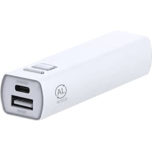 A white power bank with USB-C and USB output ports, featuring a logo and a sleek, rectangular design.