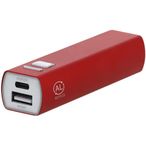 A red power bank featuring USB ports, a button, and a logo, made with recycled materials.