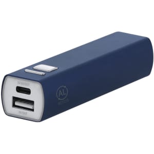 A navy blue power bank with one USB and one USB-C port, featuring a logo on the side.