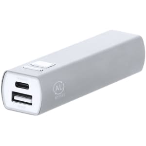 A grey power bank with a USB-C and USB-A output, featuring a small logo and a rectangular design.