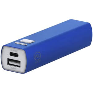 A blue power bank with a USB port and a USB-C input, featuring a logo on the side.