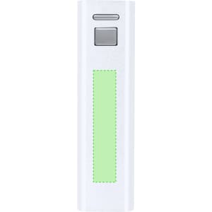 A white power bank with a green accent and a button, featuring a logo on one side.