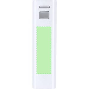A rectangular white power bank with a green accent and a button on the front, featuring a logo.