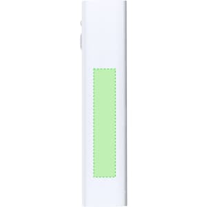 A power bank in white with a green section, featuring a sleek and modern design. It includes a logo.