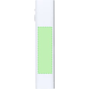A white power bank with a green area, featuring a logo or branding. Ideal for charging devices on the go.