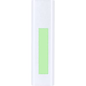 A white power bank with a green section and a branding logo, designed for charging devices.