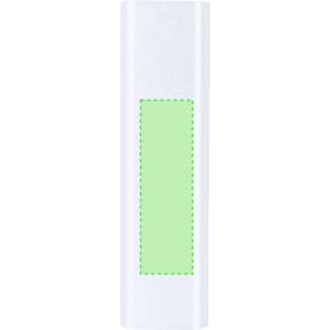 A white power bank featuring a green section, with a logo on the surface.