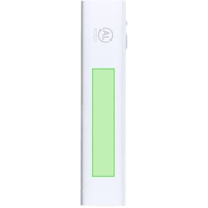 A white power bank with a green accent and a logo. It features a sleek, slim design.