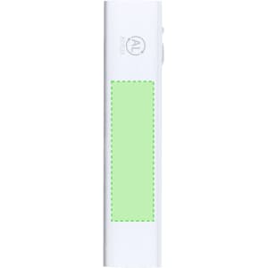 A white power bank with a light green section and a logo.