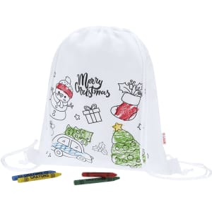 A white drawstring bag featuring Christmas-themed designs, alongside three crayons for colouring.