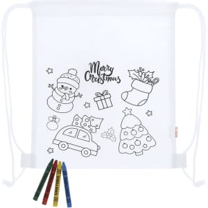 A white drawstring bag featuring Christmas-themed colouring outlines and four coloured crayons.