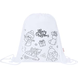 A white drawstring bag featuring Christmas-themed outlines and a decorative logo.