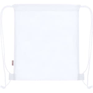 A white drawstring bag featuring a simple design and two drawstrings, with a logo on one side.