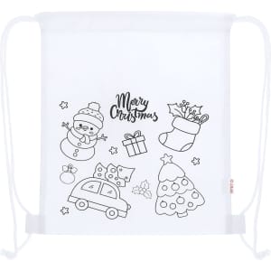 A white drawstring bag with a Christmas-themed design, featuring festive illustrations and a logo.