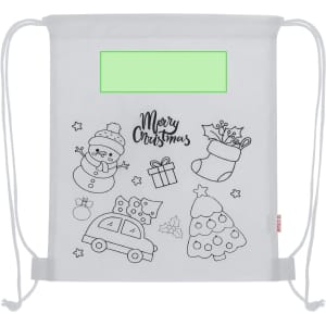 A white drawstring bag featuring Christmas-themed illustrations and a logo, with light green accents.