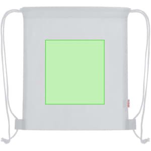 A light grey drawstring bag with a large green blank area and white drawstrings. It features a logo.