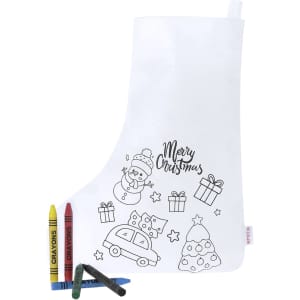 A Christmas stocking in white with black outlines featuring festive designs, accompanied by colourful crayons.