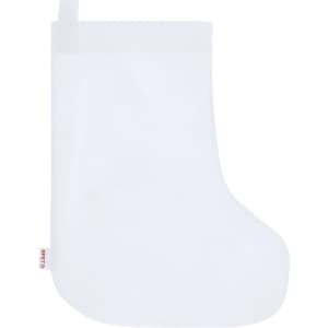 A white stocking with a rounded toe and a loop for hanging, featuring a small logo tag at the side.