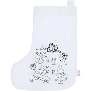 A white Christmas stocking featuring a snowman, presents, a car, and a Christmas tree design. It has a logo.
