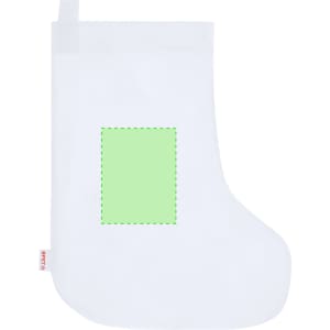 A white stocking-shaped sock featuring a green blank area for customisation, with a branding tag on the side.