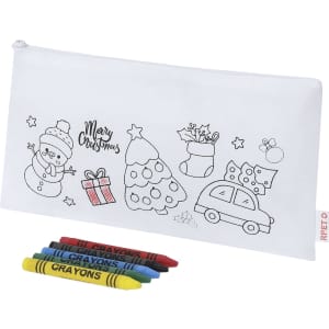 A white pencil case featuring festive illustrations and six colourful crayons in red, yellow, green, and blue.