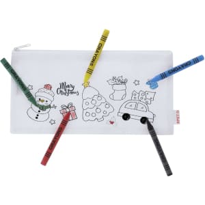 A transparent pencil case featuring festive illustrations and six crayons in red, yellow, green, and black.