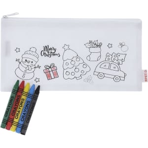 A white pencil case featuring Christmas-themed illustrations, accompanied by five vibrant crayons in red, blue, green, and yellow.