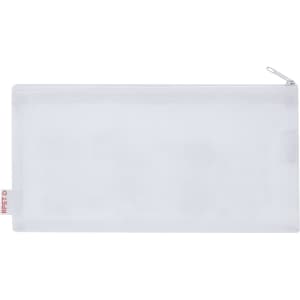 A clear pencil case with a zip closure, featuring a branding logo, suitable for office supplies.