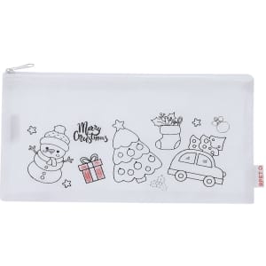 A clear pencil case featuring Christmas-themed illustrations in black, including a snowman, tree, and presents.