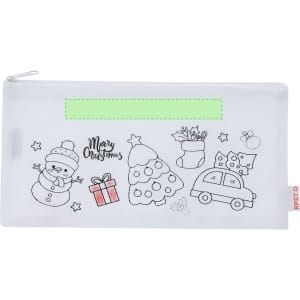 A white pencil case featuring Christmas-themed illustrations, including a snowman, tree, gifts, and a car, with a logo.