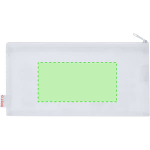 A transparent pencil case with a green rectangular area and a zip closure. Features a logo on one side.